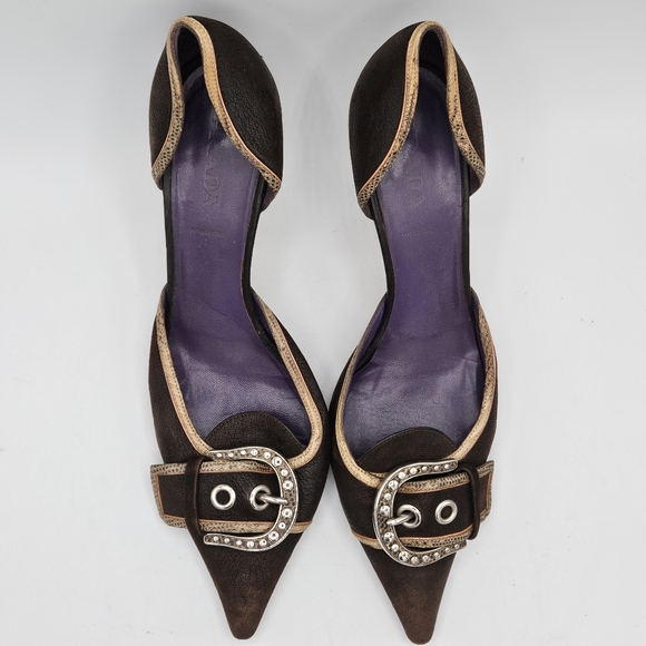 Prada Black & Gold Leather Buckle Pointed Toe High Heels size 39.5 / 9.5 - Picture 3 of 16